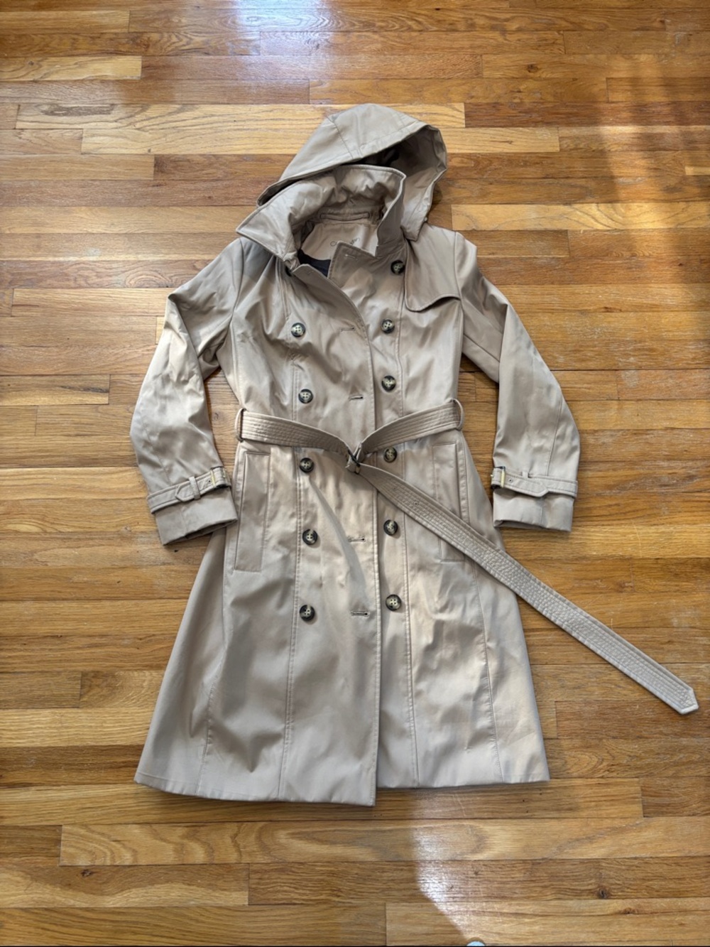 Calvin Klein Hooded Double-Breasted Trench Coat in Tan - Small